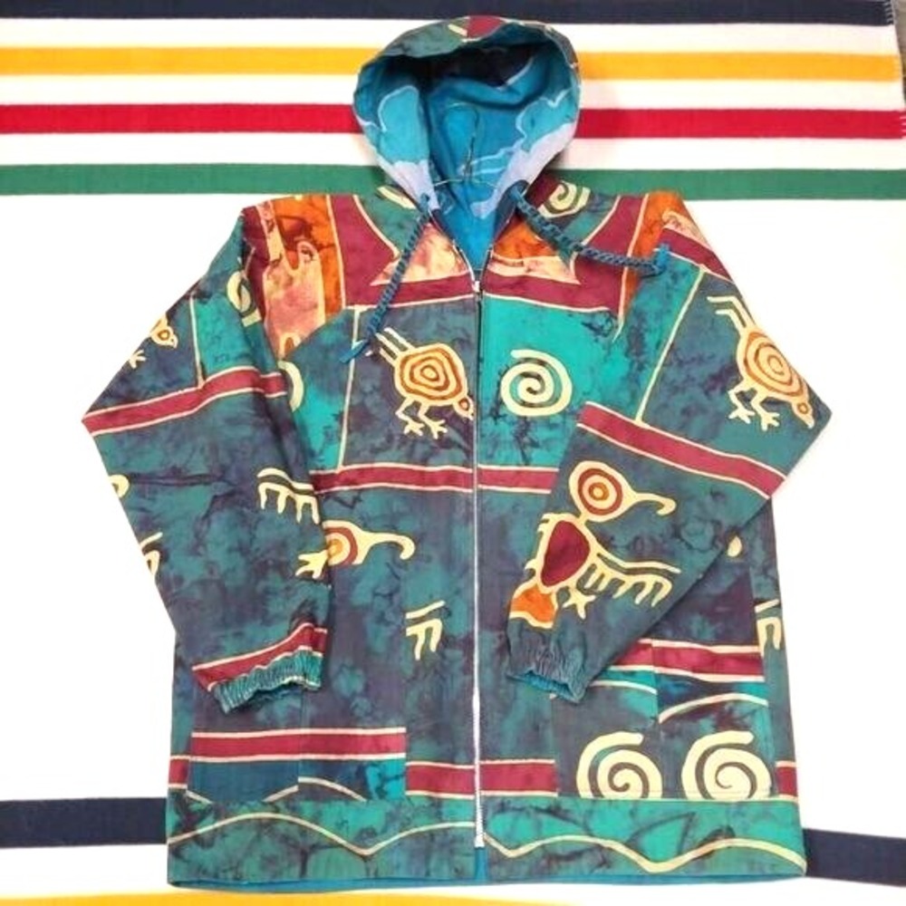 Vintage Reversible Jacket Dolphin Tribal Aztec Hooded Teal‎ 80s 90s Mens XL - Picture 2 of 6